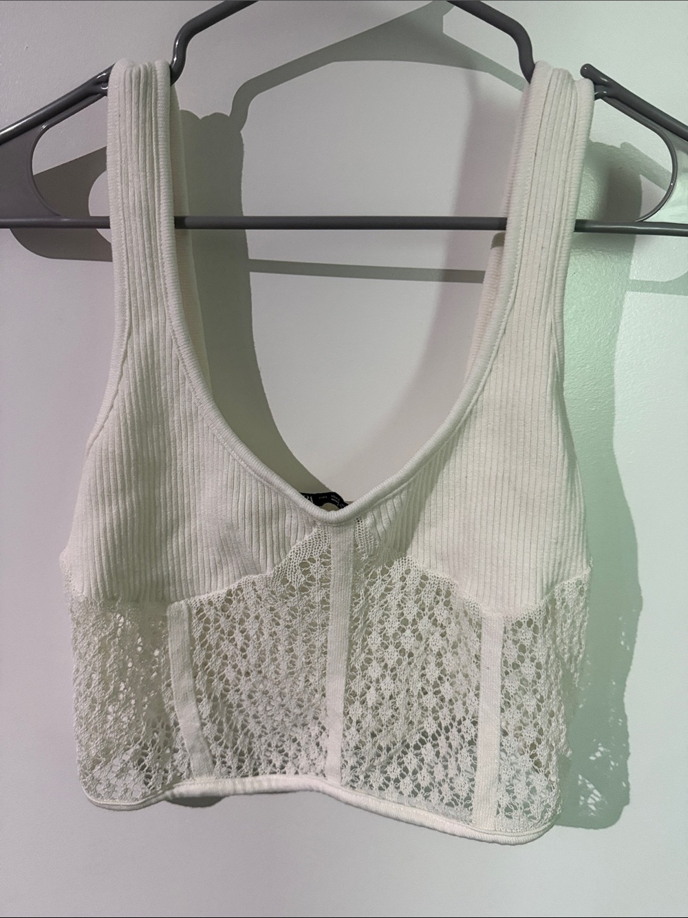 Zara White Ribbed Lace-Panel Cropped Tank